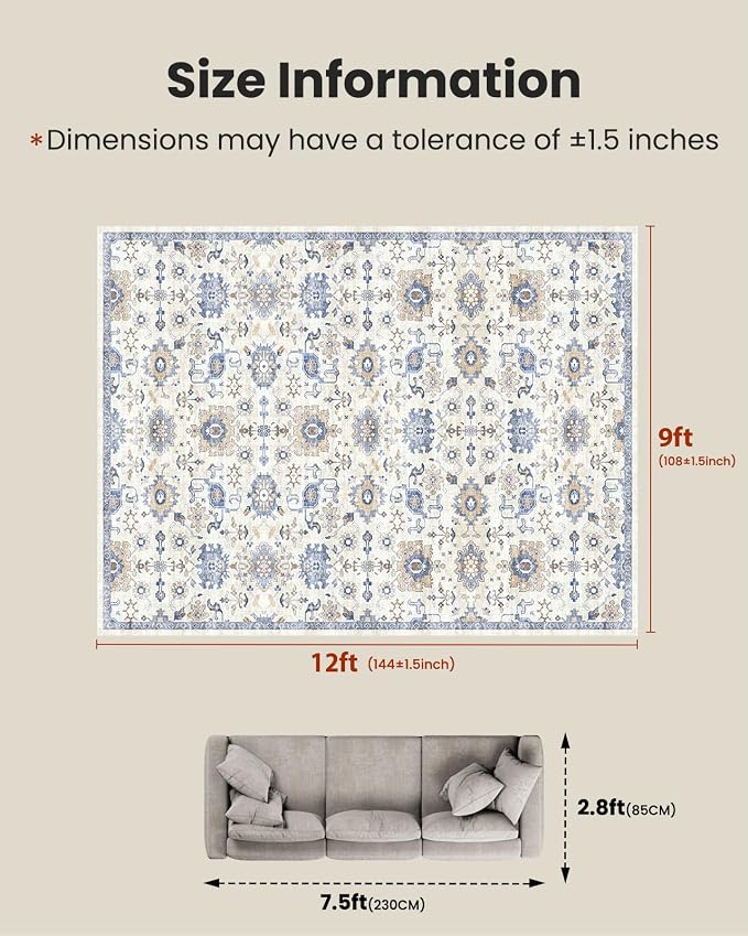AMADA HOMEFURNISHING 9x12 Washable Area Rug, Low-Profile Large Area Rug - Image 2