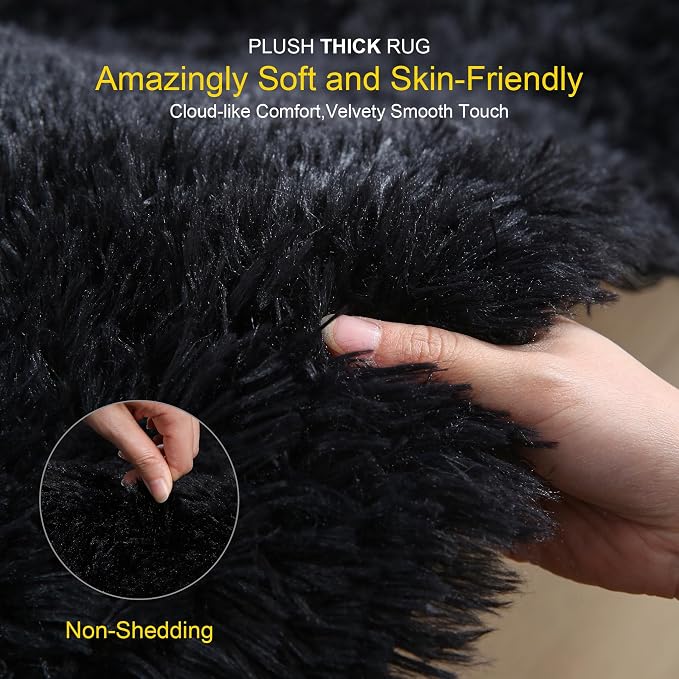 KCHOWUA Thick Area Rug Black Fluffy Shag 5x8 - Image 3