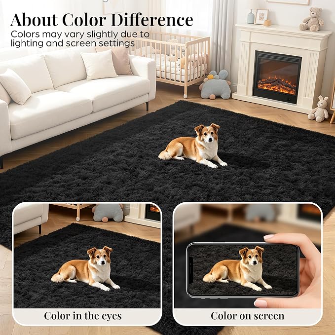 Area Rug for Living Room Bedroom: 6x9 Black Soft Fluffy Shag Upgrade Non-Slip - Image 7