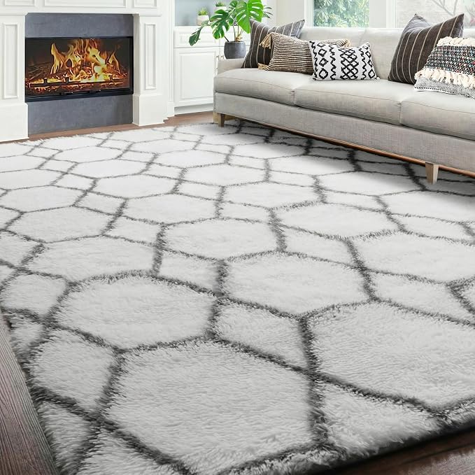 ONASAR Area Rugs for Living Room, 5x8 Fluffy White and Grey Rug for Bedroom - Image 8