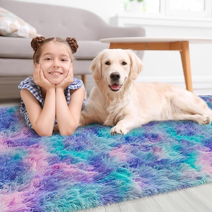 2x8 Ft Purple Rainbow Rug for Girls Bedroom Bedside Runner, Soft Fluffy Rugs - Image 4