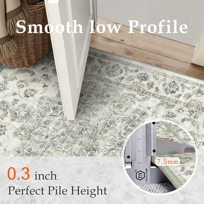 2x8 Washable Neutral Runner Rug Green Vintage Hallway Kitchen Carpet Non-Slip - Image 8