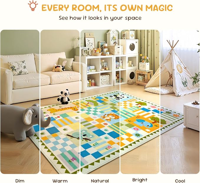 3x4 Washable Kid Playroom Rug, Unisex Green Safari Jungle Woodland Animal - Image 5