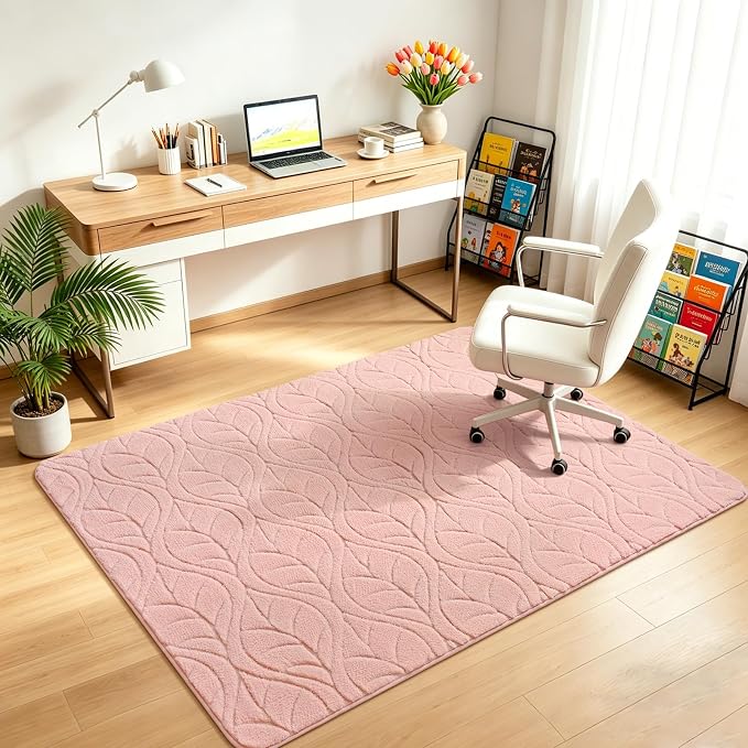 3x5 Pink Washable Area Rug for Girls Bedroom, Leaf Geometric Patter Shag - Image 5
