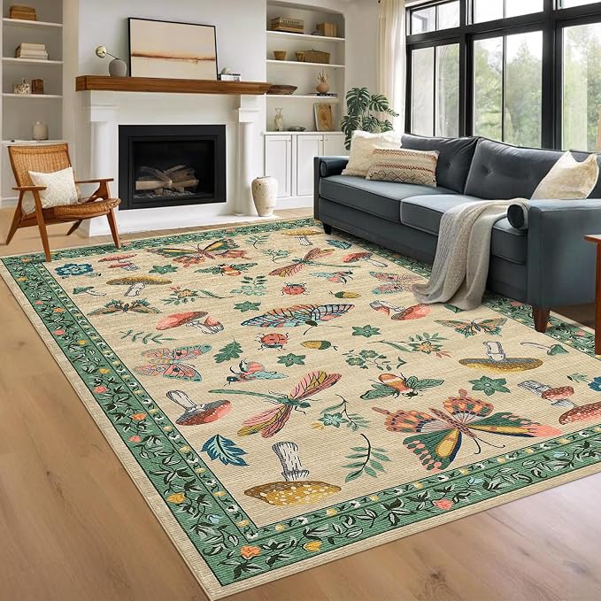 Mushroom 9x12 Rug for Living Room Non Slip Washable 9 X 12 Rug for Bedroom by ROYHOME