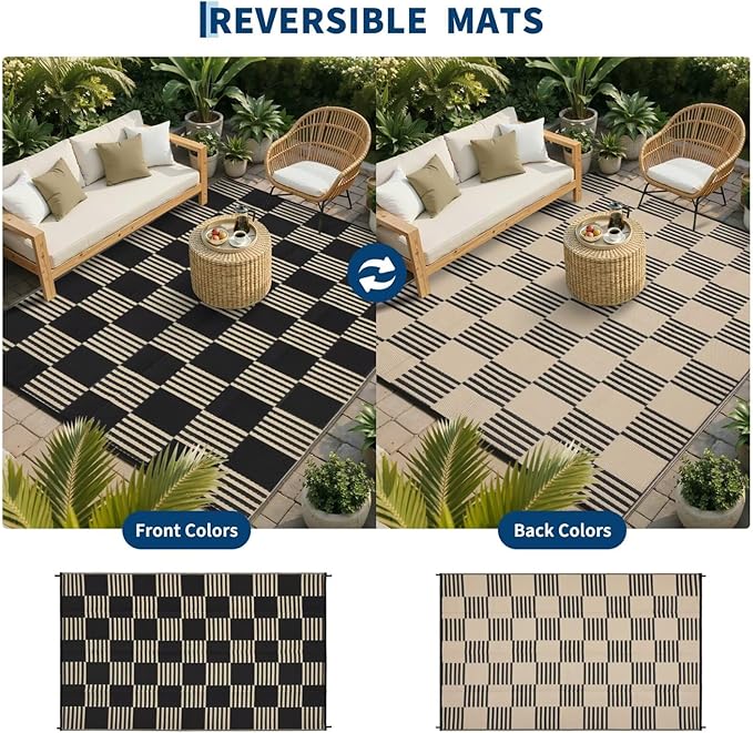 Garvee Waterproof Outdoor Rug 10x14, Checkered Foldable Plastic Straw Patio - Image 4