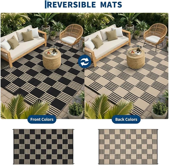 Garvee Waterproof Outdoor Rug 6x9, Checkered Foldable Plastic Straw Patio - Image 4