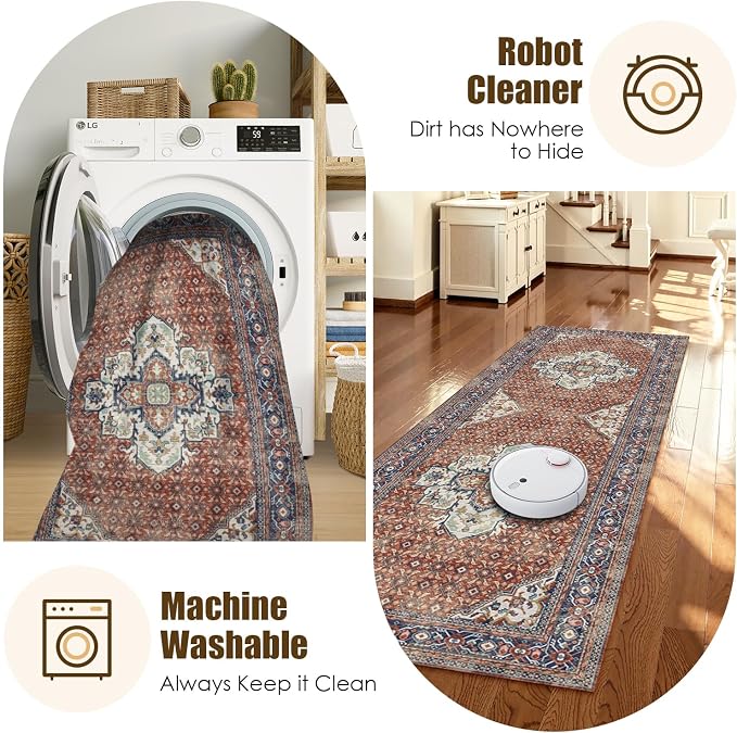 Washable Area Rug 2'6'' x 8' Vintage Traditional Persian Mat - Image 7