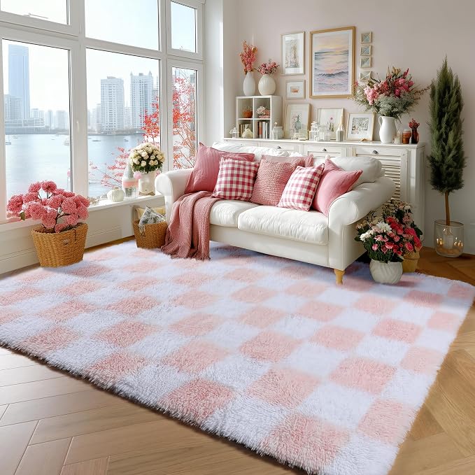 KICMOR Pink Rugs for Bedroom Girls, 3x5 Small Fluffy Soft Bedside Checkered - Image 5