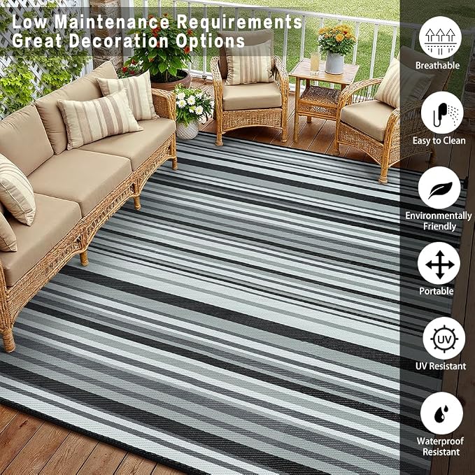 Outdoor Plastic Straw Rug Waterproof Patio 8x10 Black White Stripe Mat - Image 3