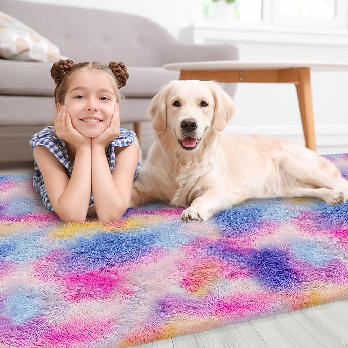 Soft Fluffy Pink Rainbow Rug for Girls Bedroom Carpet 2x8 Tie Dyed Shag Runner - Image 4