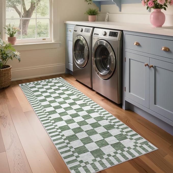 GarveeHome 2×5 Kitchen Runner Rug Non Slip, Sage Green Checkered Rug, Washable - Image 2
