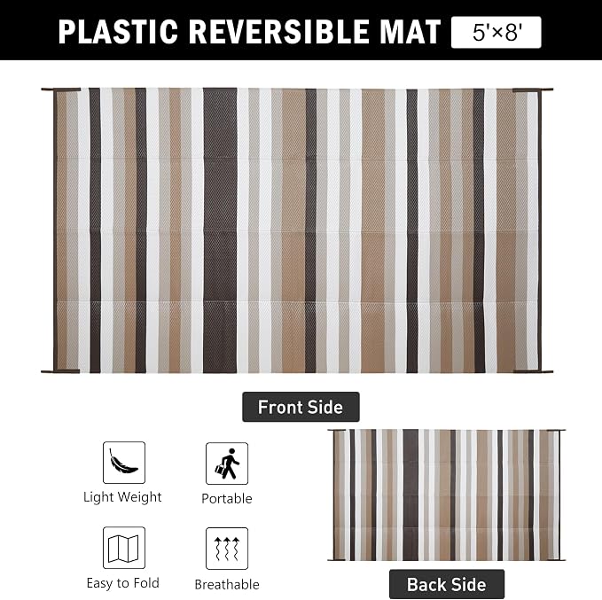 HUGEAR Outdoor Waterproof Rug 5'x8' Plastic Straw Rugs Washable Reversible - Image 2