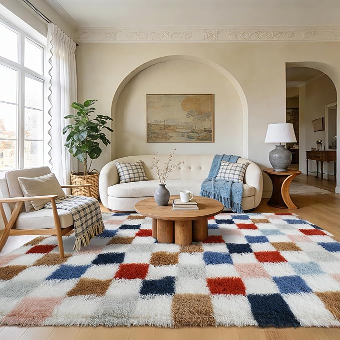 Shag Area Rug for Bedroom Living Room, 5x8 Fluffy Soft Colorful Checkered Rug - Image 2