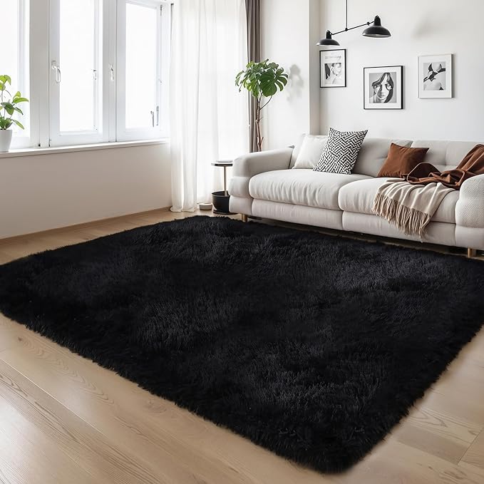 KCHOWUA Thick Area Rug Black Fluffy Shag 5x8 by KICHOWUA