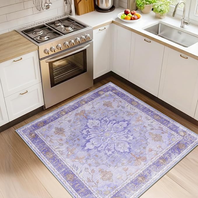 RELEANY Area Rugs Square 4ft Washable Non-Slip, Floral Vintage Distress by RELEANY