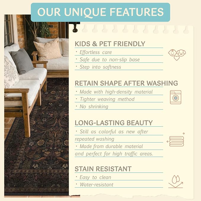 7x9 Area Rug for Dining Room, Machine Washable Dark Academia Flower Rugs - Image 5