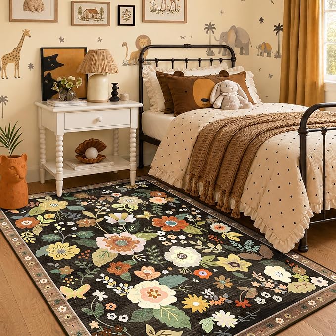 RELEANY Floral 3x5 Area Rugs Washable Print Boho Cute Carpet Non Slip Flower by RELEANY