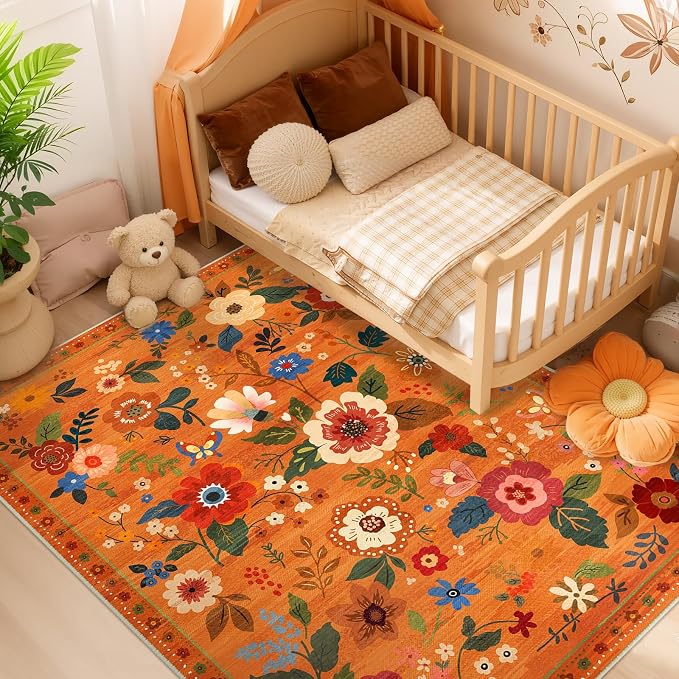 RELEANY Floral 5x7 Area Rugs Washable Print Boho Cute Carpet Non Slip Flower - Image 2