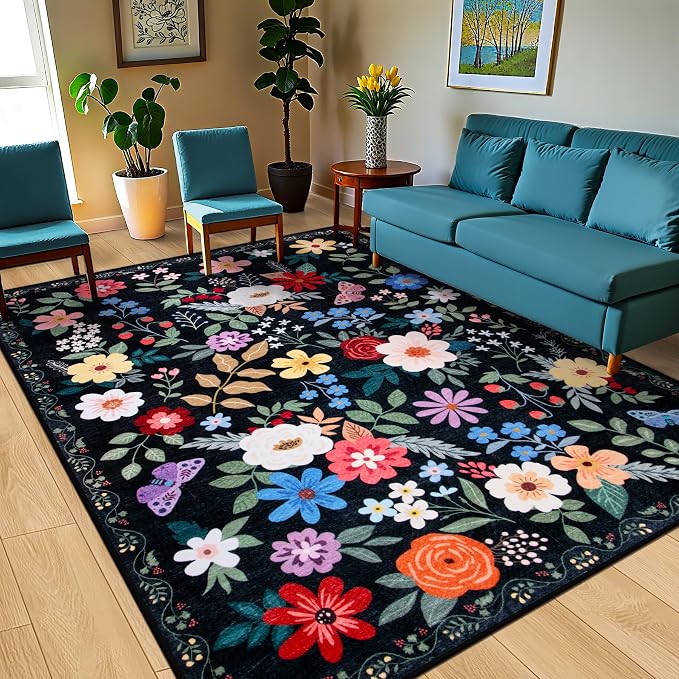 10x12 Area Rugs for Living Room: Floral Washable Rug Vintage Large Soft Boho - Image 2