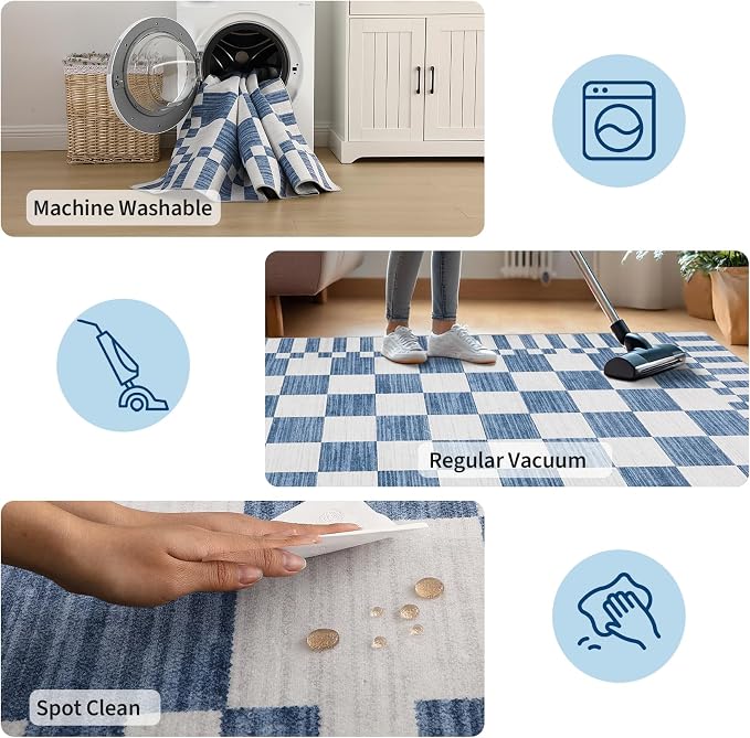 GarveeHome 2.5×8 Kitchen Runner Rug Non Slip, Dark Blue Checkered Rug, Washable - Image 6
