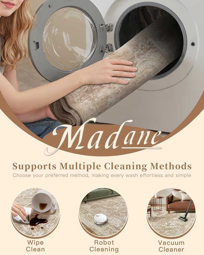 Madane 8x10 Area Rugs for Living Room, Machine Washable Vintage Neutral Rug - Image 9