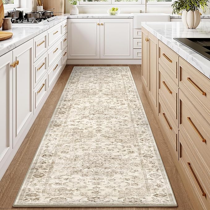 2'6x10 Washable Neutral Runner Rug Beige Vintage Hallway Kitchen Carpet by WondRg