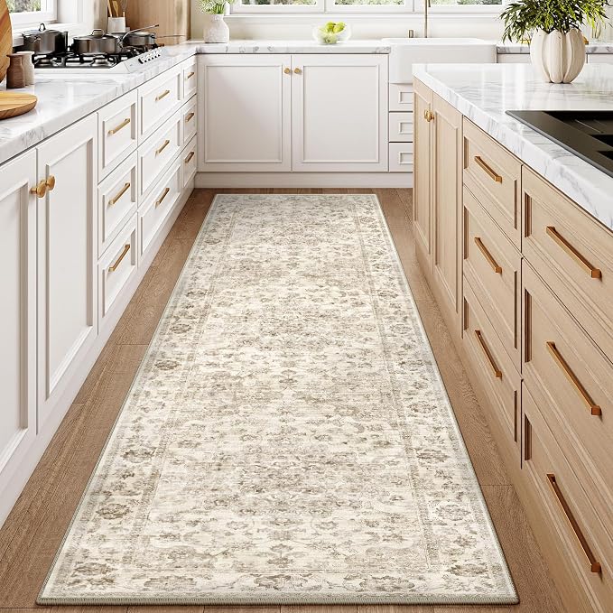 2x10 Washable Neutral Runner Rug Beige Vintage Hallway Kitchen Carpet Non-Slip - Image 2
