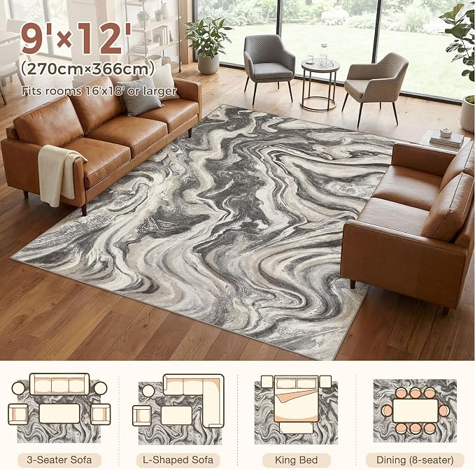DMOYEST 9x12 Area Rug for Living Room:Washable Modern Neutral Abstract Rug - Image 3