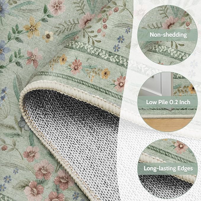 Green Washable Floral Rugs 7x9 Large Vintage Boho Non-Slip Living Room Carpet - Image 4