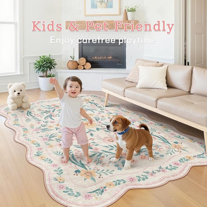 Scalloped Pink Floral Rug 6x9, Washable Soft Faux Wool Area Rug - Image 3