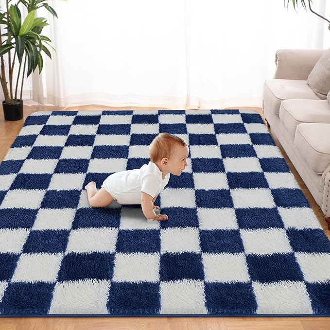 Super Soft Rug for Bedroom, 8x10 ft Blue and White Area Rug Classic Checkered - Image 4