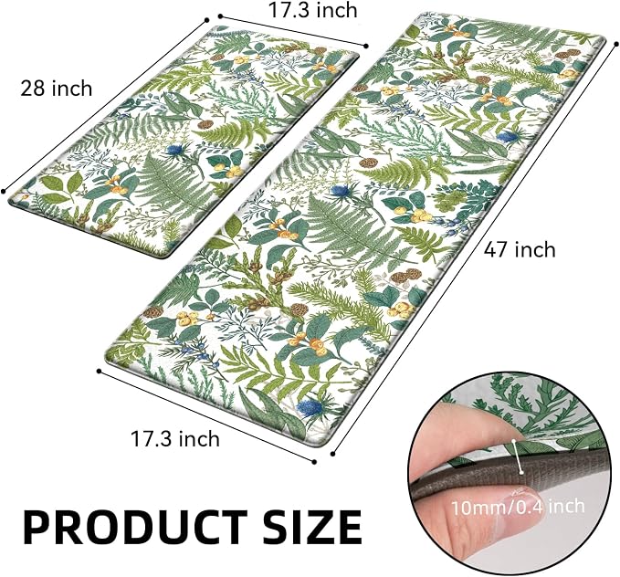 White Green Botanical Kitchen Rugs Set of 2 Plant Leaf Anti-Fatigue Kitchen Mat - Image 2
