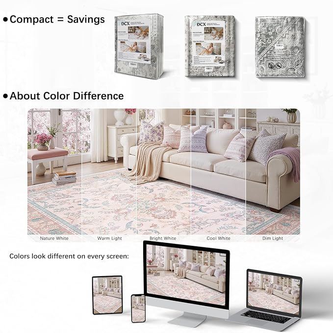 DCX 9x12 Pink Vintage Floral Rug, Machine Washable Non Slip Low Pile Carpet - Image 3