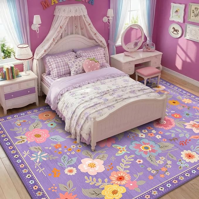 RELEANY Floral 7x9 Area Rugs Washable Print Boho Cute Carpet Non Slip Flower by RELEANY