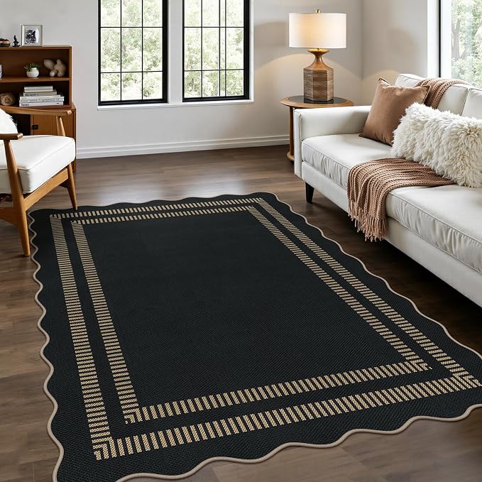 Scalloped Modern Easy Jute Carpet, 4x6 Outdoor Patio Washable Area Rug by LORWER