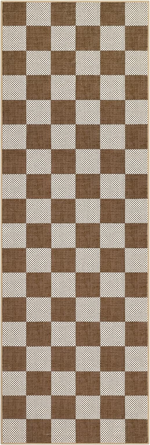 GarveeHome Checkered Terracotta Brown 2x6 Washable Kitchen Runner Rug Geometric - Image 5