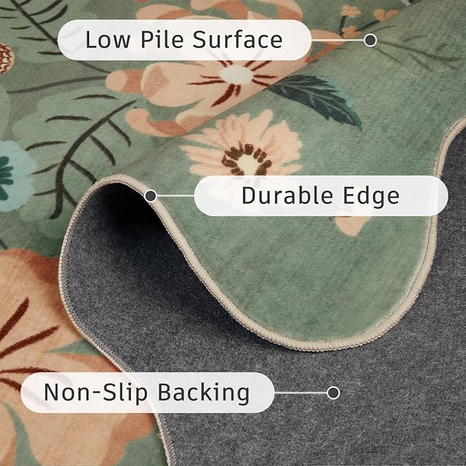 DCX Vintage Floral Rug 2x6, Washable Sage Green Rug - Image 7