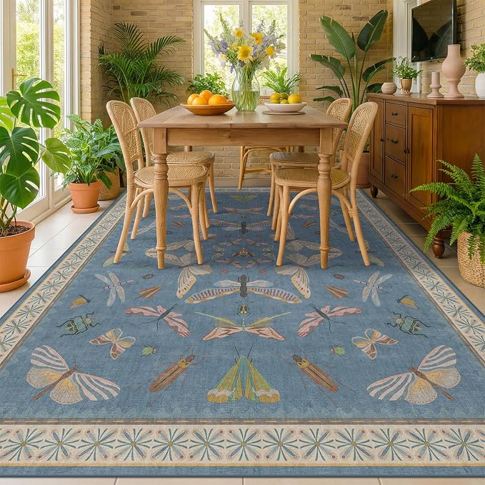 Washable 7x9 Area Rug for Living Room, Dusty Blue Modern Boho Carpet for - Image 3
