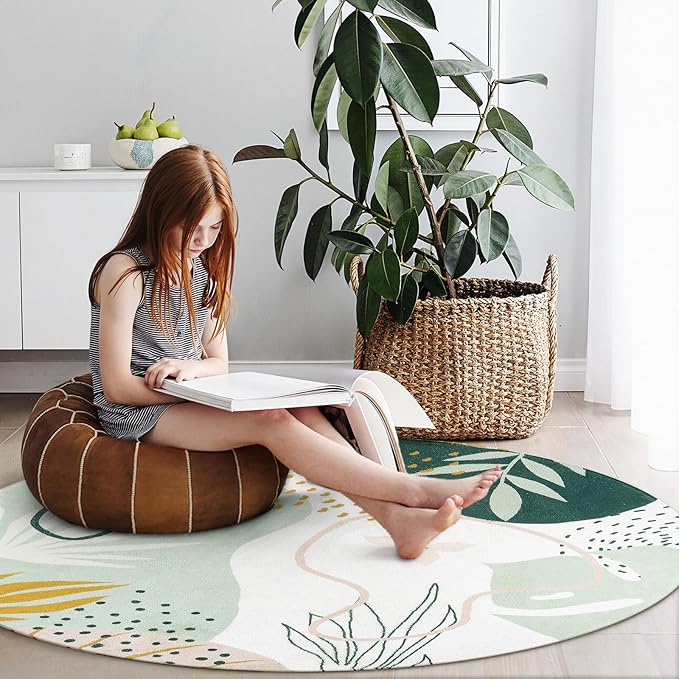Lahome Green Washable Round Rug - 6Ft Round Area Rug - Image 3