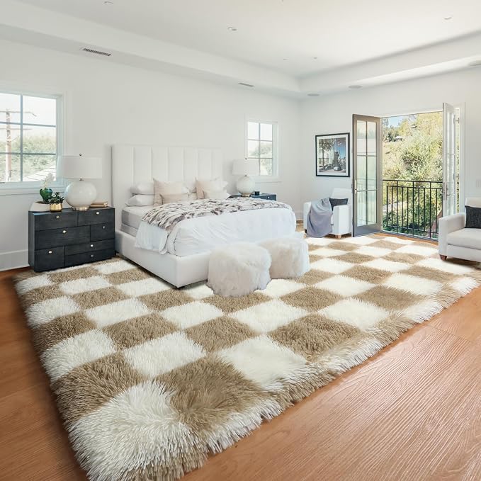 KICMOR Living Room Rug 7x9 Area Rug, Large Fluffy Shag Shaggy Fuzzy Checkered - Image 6