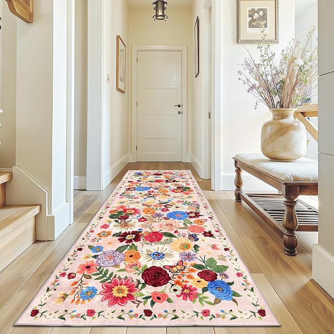 Rug for Hallways Kitchen Rug 3x7 Blush Garden, Non Slip Washable Runner Rug by WelcometoBabovid