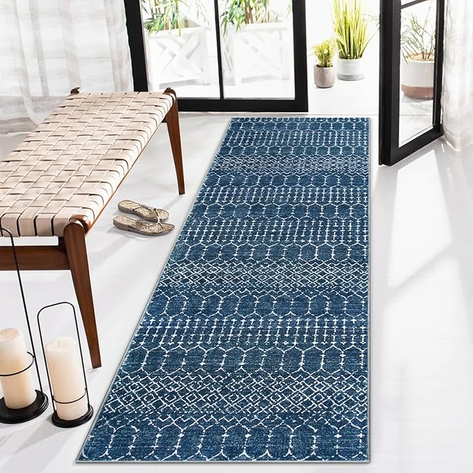 Lahome Moroccan 2x5 Washable Blue Runner Rug, Non-Slip Low-Pile Stain Resistant by Lahome