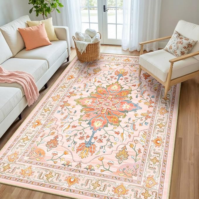 RELEANY Area Rugs 5'x8' Washable Non-Slip, Floral Vintage Distress Medallion by RELEANY
