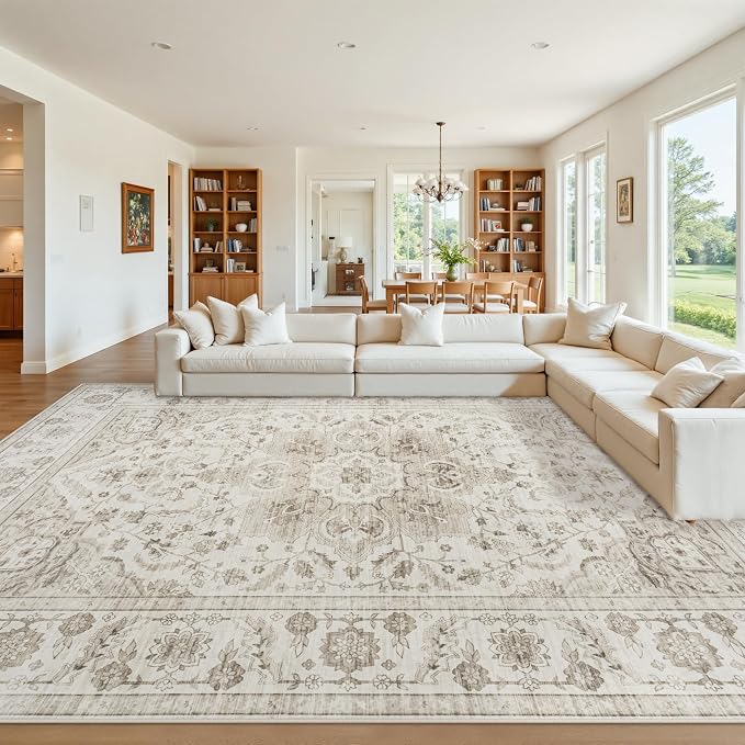 9x12 Area Rugs for Living Room:Beige Washable Vintage Medallion Carpet Non-Slip by Unknown