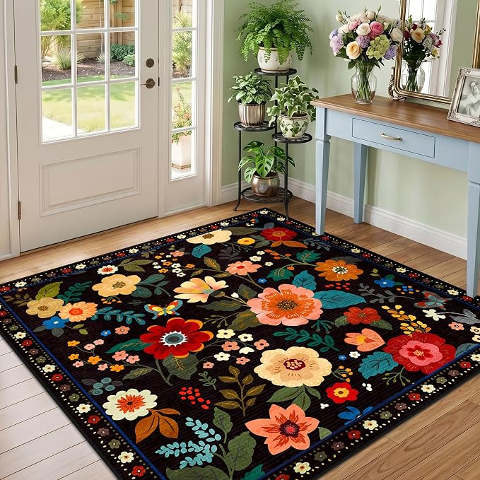 RELEANY Floral Square 5ft Area Rugs Washable Print Boho Cute Carpet Non Slip by RELEANY