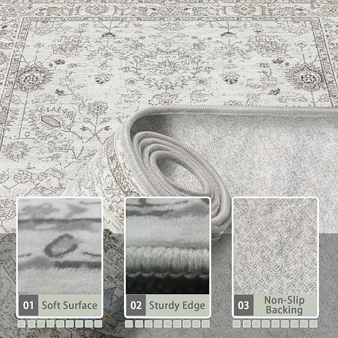 Area Rug 4x6 Grey Rug, Washable Boho Rugs Non Slip Low Pile Floral Small Carpet - Image 5