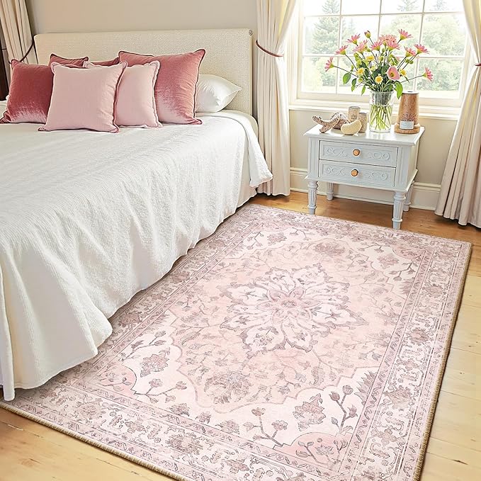 RELEANY Area Rugs 4'x6' Washable Non-Slip, Floral Vintage Distress Medallion - Image 2