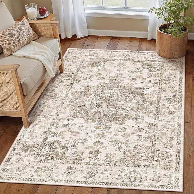3x5 Washable Neutral Area Rug Brown Vintage Entryway Office Carpet Non-Slip - Image 2