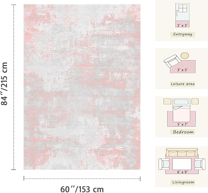 Latte&Fog 3x5 Entryway Pink Area Rugs, Modern Abstract Washable Rugs - Image 2